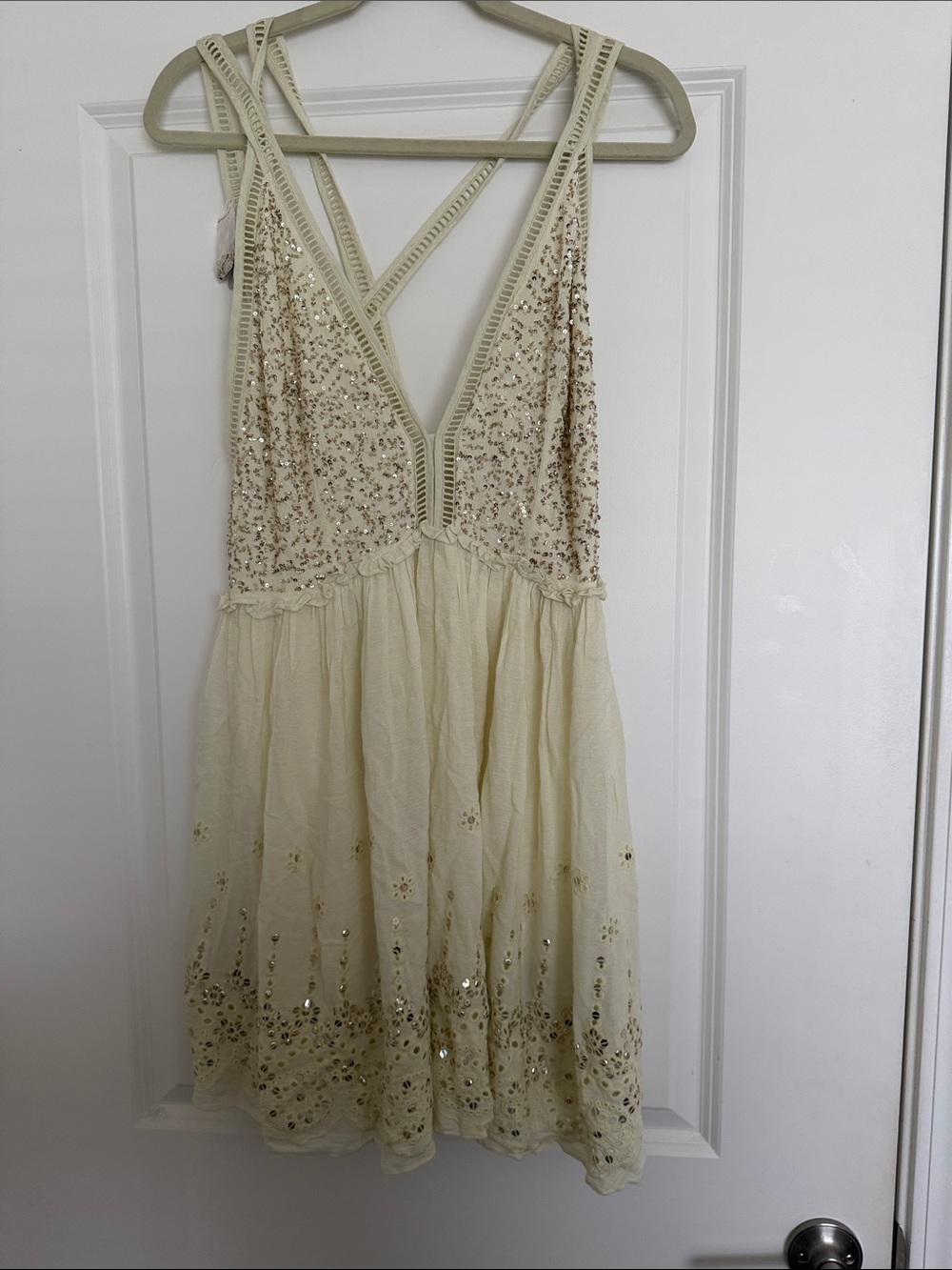 Free People Cream Sequin Embellished V-Neck Mini Dress